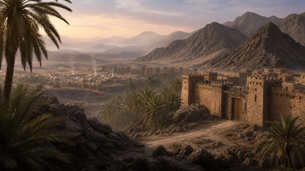 Khaybar oasis fortresses in the volcanic landscape