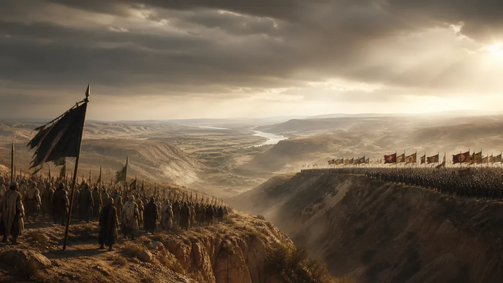 Wide Yarmuk plateau and ravines during the battle