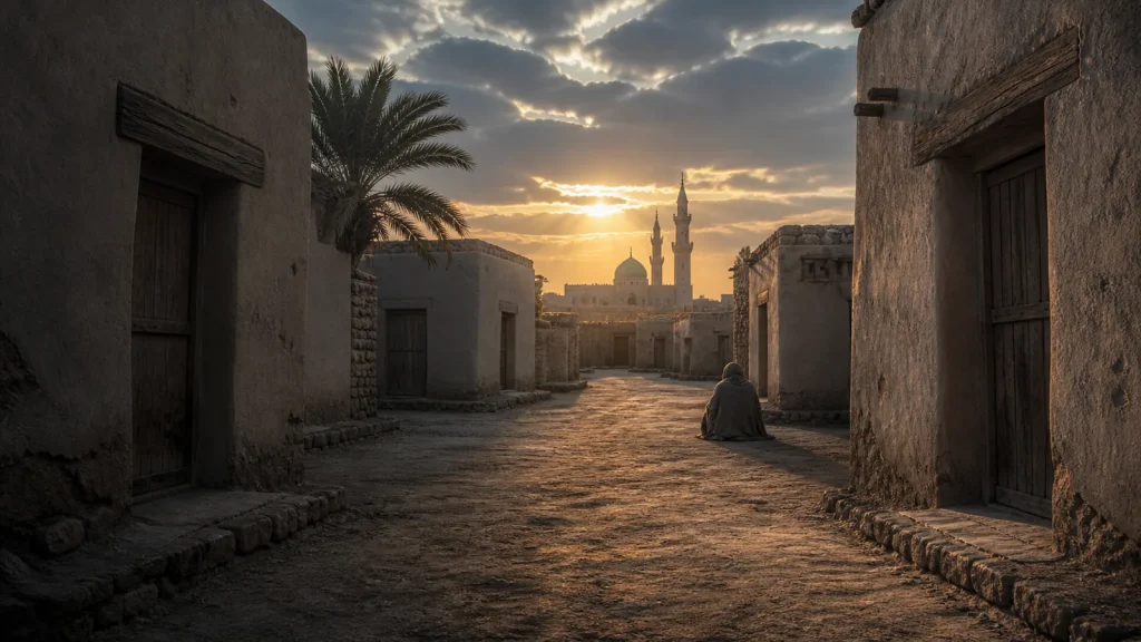 Quiet Medina lane symbolizing Ka’b ibn Malik’s isolation and relief