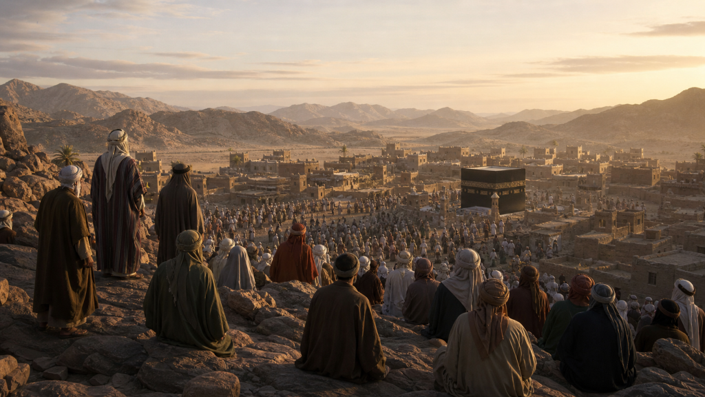 Historical illustration of a crowd gathered below Mount Safa in early Makkah