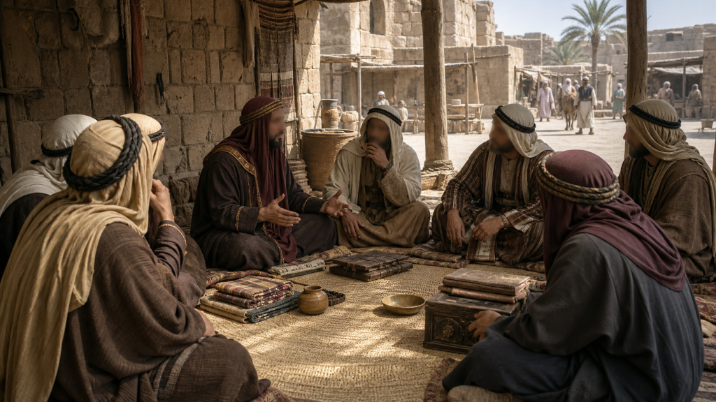 Part 10 – Quraysh’s Objections and Attempts at Compromise Historical illustration of Quraysh leaders debating in an early Meccan council
