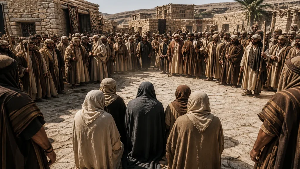 Early Muslims enduring persecution in a Makkan courtyard