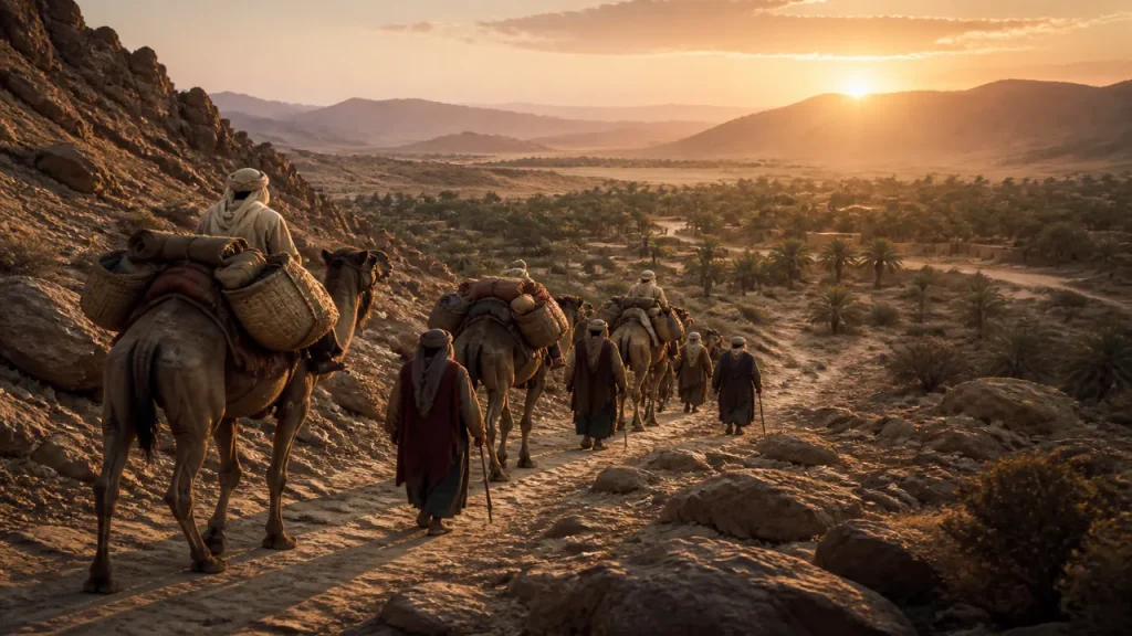 A migrant caravan approaching the oasis of Medina at sunrise
