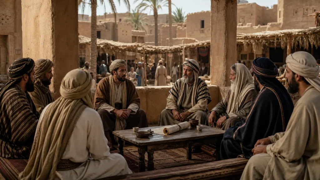 Part 38 – Madinah’s Jewish Communities and Early Political Tensions A council discussing early political tensions in Medina