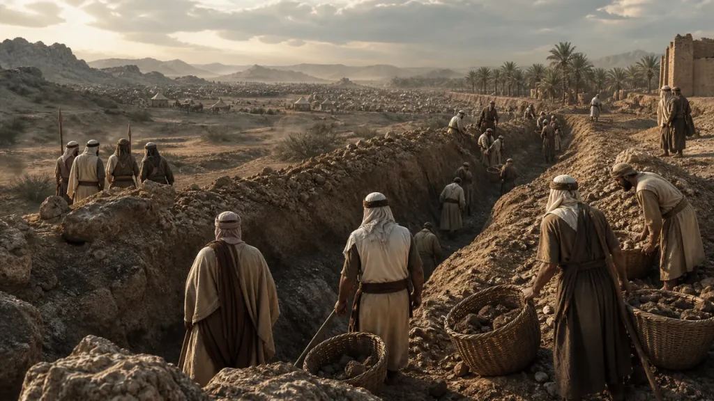 Part 47 – Siege of Medina – Battle of the Trench The defensive trench protecting Medina during the Battle of the Trench