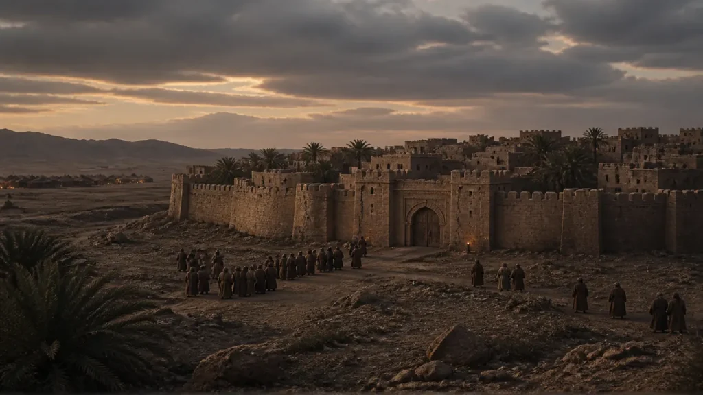 A solemn view of the Banu Qurayza fortress at dusk