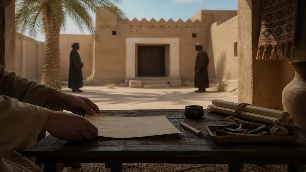 A symbolic scene representing the reform of adoption in early Medina