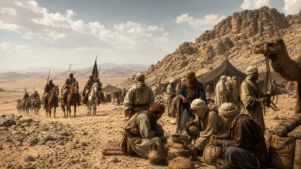 Travellers managing supplies at the remote Tabuk encampment