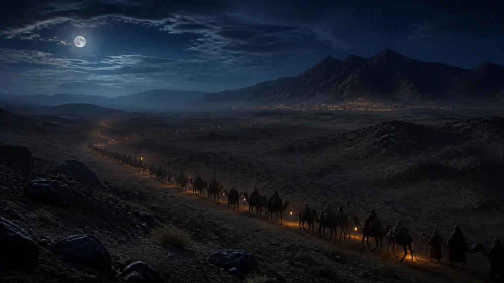 Part 58 – The Road to the Conquest of Makkah Night caravan crossing the Hijaz on the road to Mecca