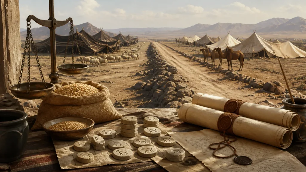 Grain measures and account records symbolizing the zakat dispute