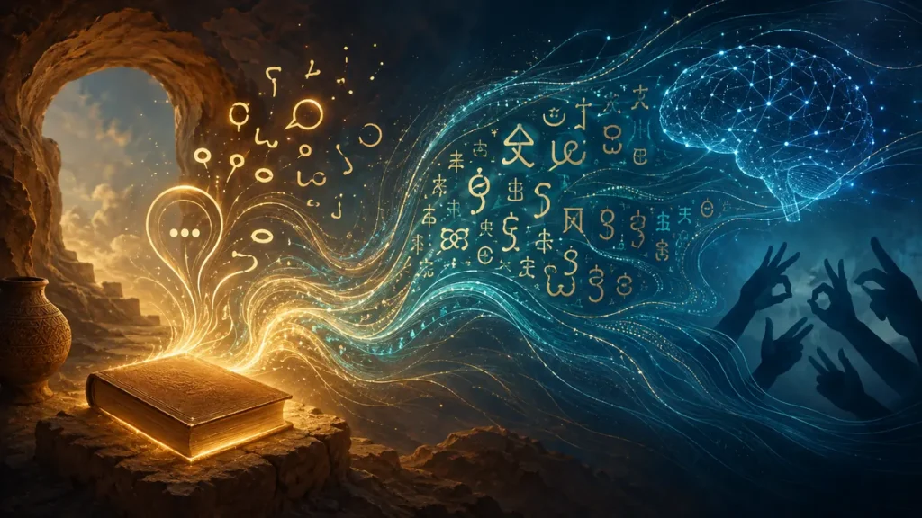 Abstract sound waves, signing hands and neural patterns representing human language and learning