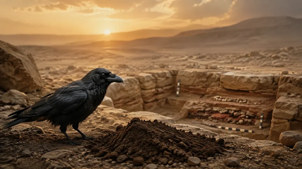 Habil and Qabil in the Quran: The First Murder, Burial and Archaeological Evidence Black raven beside fresh earth overlooking an archaeological burial site at sunrise