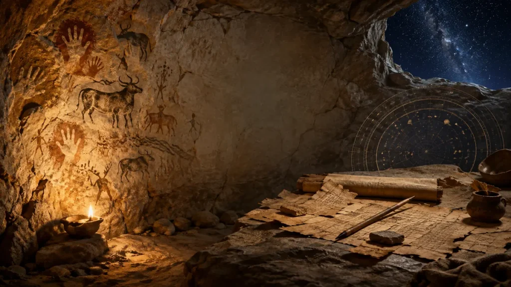 Cave Art, Idris and the Book of Enoch: What the Evidence Actually Says Prehistoric cave art beside ancient manuscript fragments and a symbolic astronomical calendar