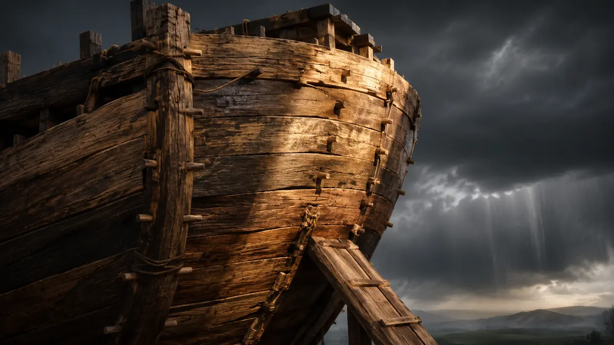 Close view of a wooden ark hull showing ancient planks, pegs and rope fastenings beneath storm clouds