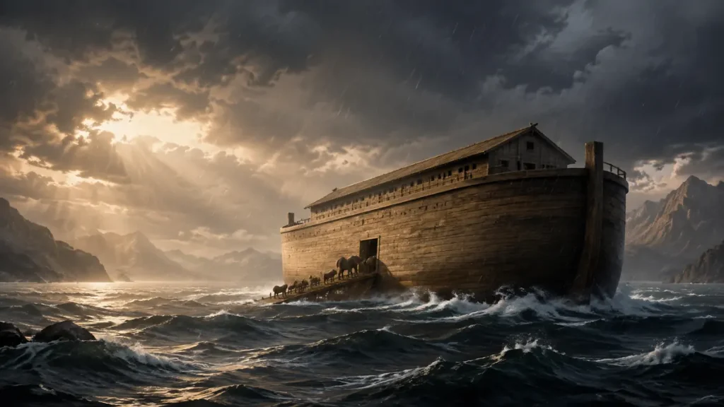 Noah’s Ark in the Quran: Revelation, Tradition and Responsible Questions A large wooden ark crossing stormy floodwater beneath rain clouds and distant mountains