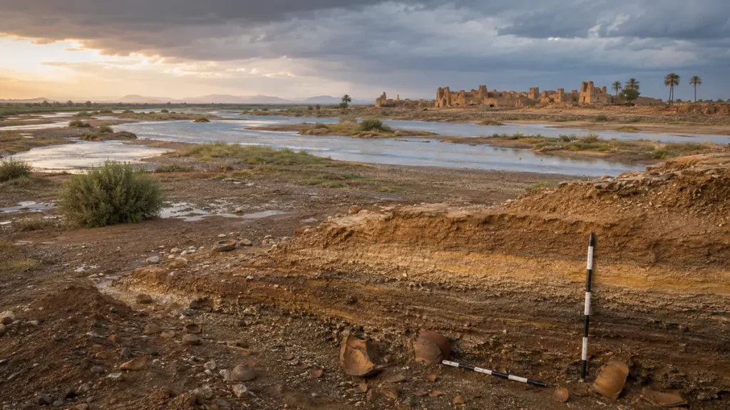 Was Noah’s Flood Global? Quranic Language, Geology and Flood Traditions Layered flood deposits beside a Middle Eastern river plain and an ancient settlement after rain