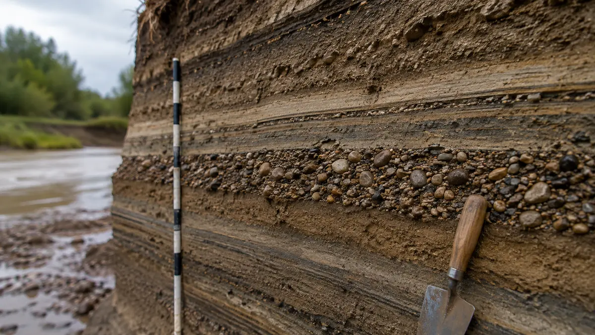Close view of an exposed riverbank showing a coarse ancient flood layer between finer sediments
