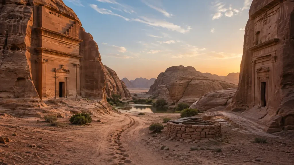 Camel tracks leading toward a desert spring between the rock-cut sandstone monuments of al-Hijr