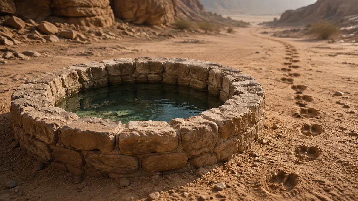 An ancient stone well filled with water and a trail of camel hoofprints across desert sand