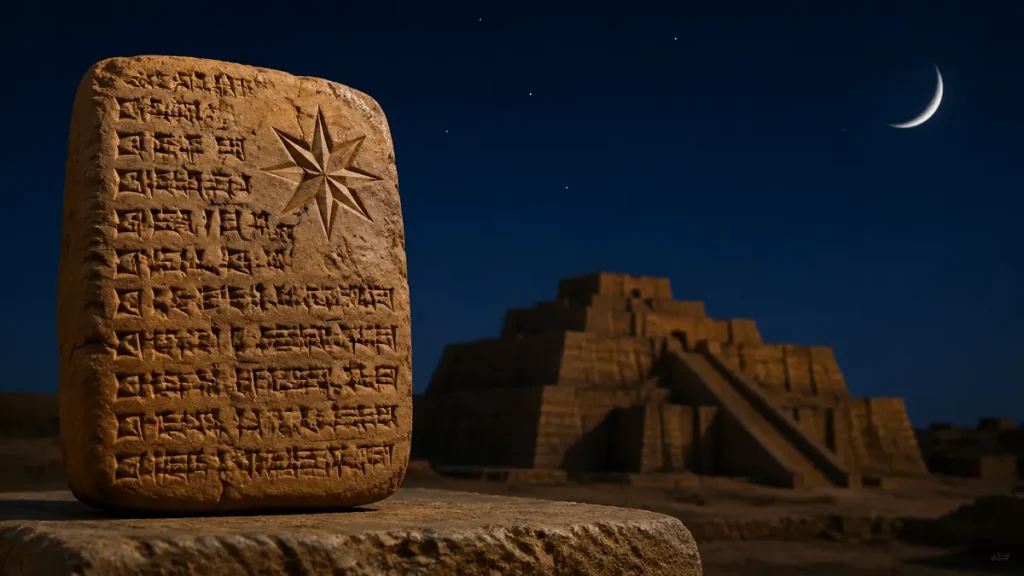 Prophet Ibrahim and Ancient Mesopotamia: Quran, Sumer and the Limits of History Ancient cuneiform tablet with a star symbol before a Mesopotamian ziggurat under a crescent moon