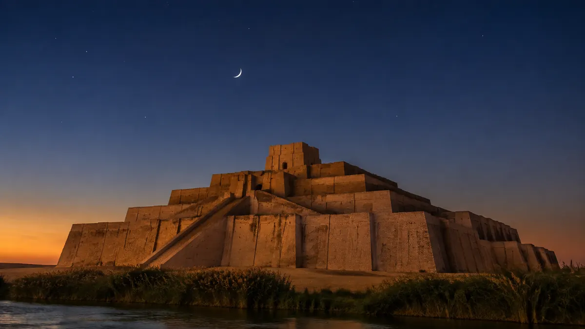 Mud-brick Mesopotamian ziggurat beside reeds and water beneath a crescent moon