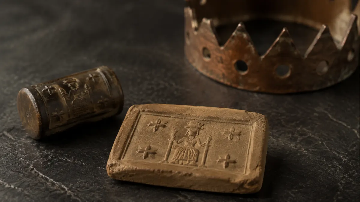 Ancient Akkadian cylinder seal and clay ruler impression beside a worn copper crown