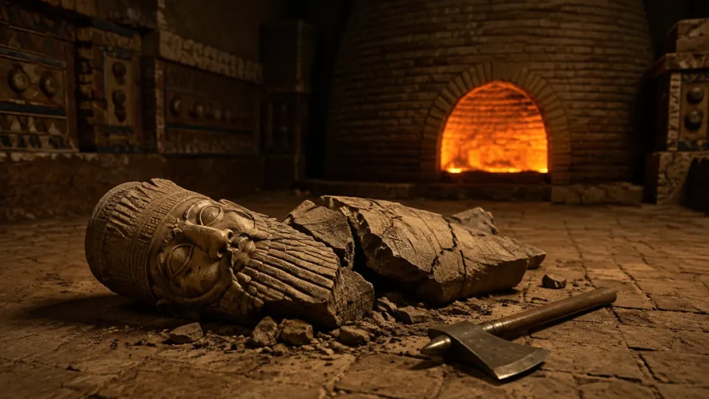 Broken ancient Mesopotamian idol and bronze axe before a glowing brick furnace