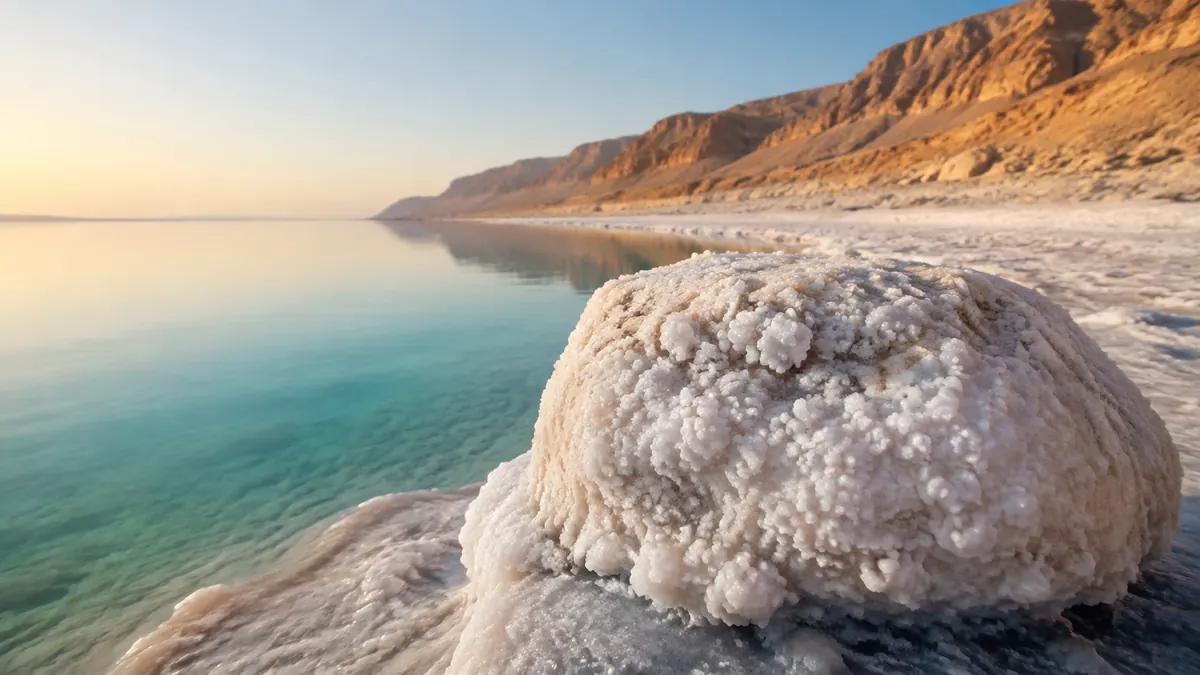 Salt crystals coating a shoreline rock beside turquoise water and dry cliffs