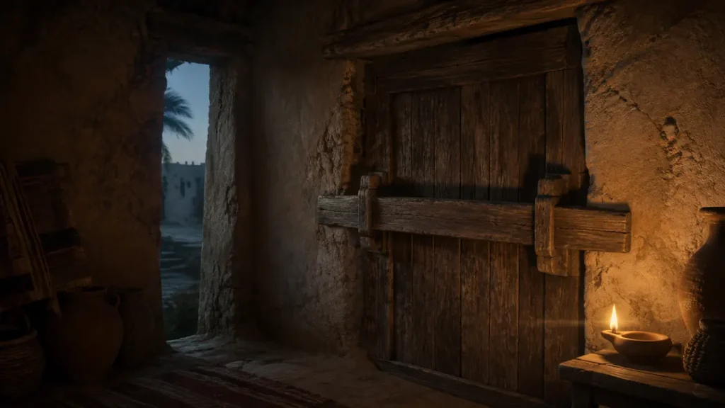 Prophet Lut in the Quran: His Guests, His People and the Search for Sodom Barred wooden door and glowing oil lamp in an ancient mud-brick home before dawn