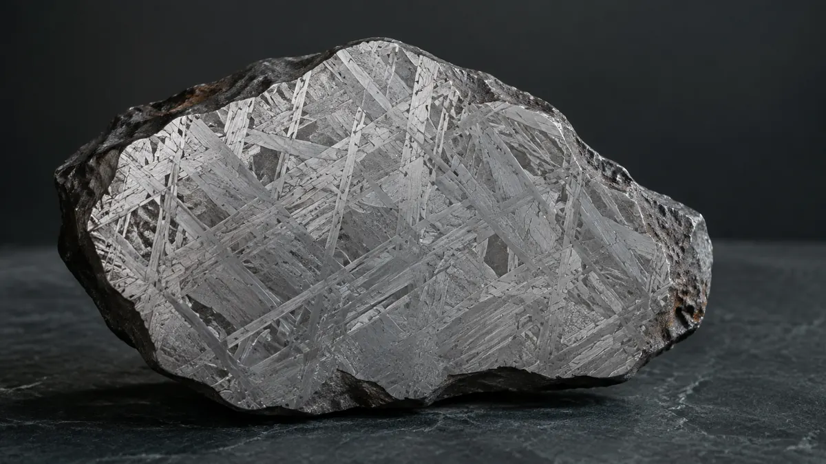 Illustrated iron-nickel meteorite with a polished face showing interlocking metallic bands