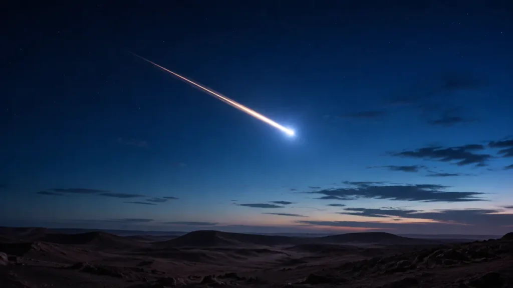 Bright meteor with a slender glowing trail crossing a blue twilight sky above a rocky desert