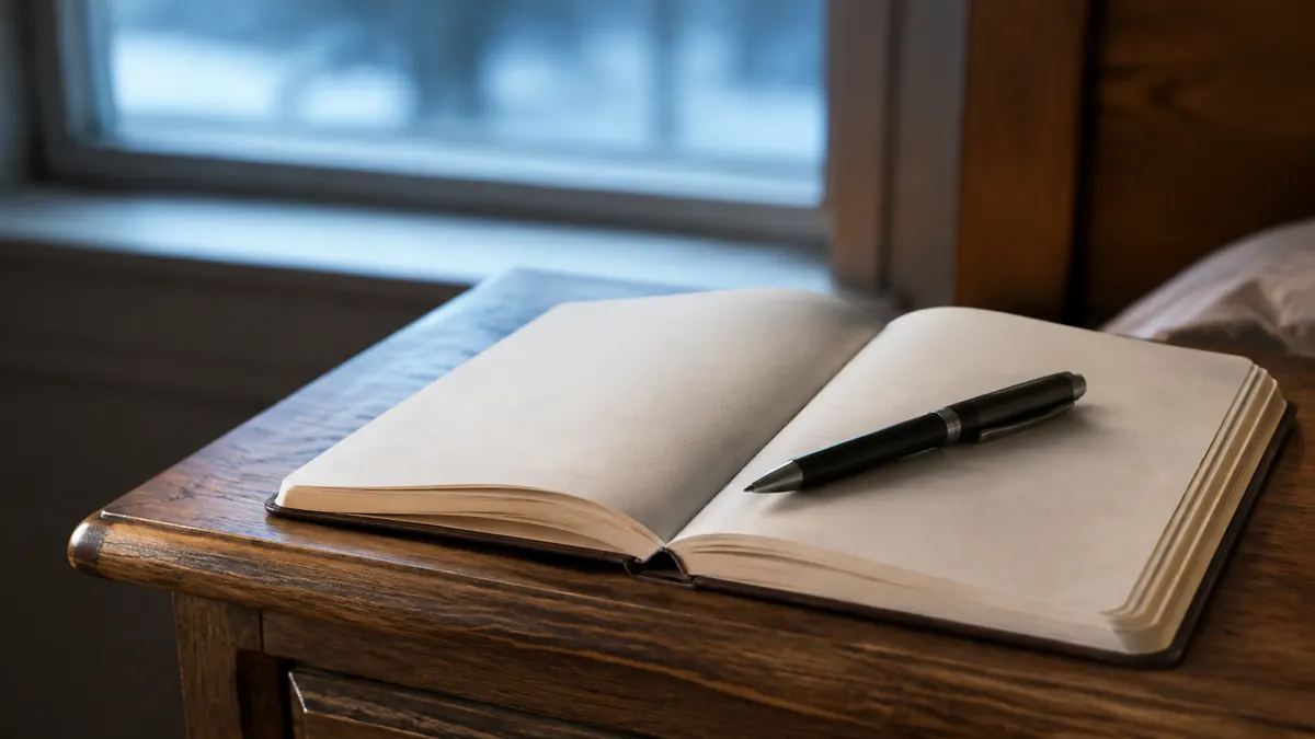 Open blank notebook and dark pen on a wooden bedside table in soft morning light