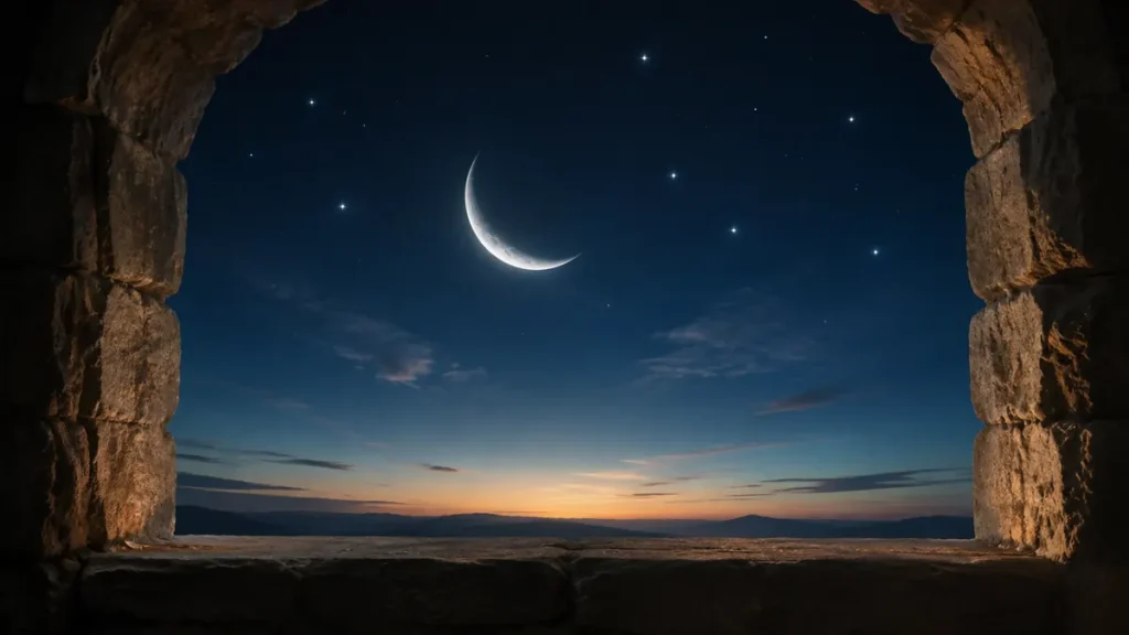 Luminous crescent moon and stars framed by a rough stone window above a dawn horizon