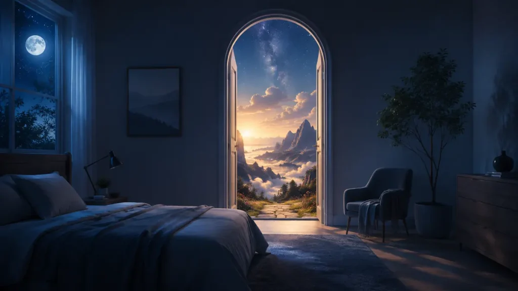 Lucid Dreams: What Science Shows and How Islam Frames Them Lucid dreams illustrated by a moonlit bedroom and open doorway into a vivid landscape