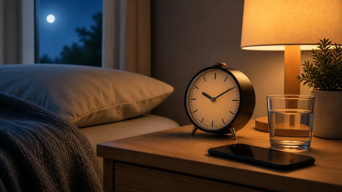 Calm bedside routine with an analog clock, face-down phone, water and a warm lamp