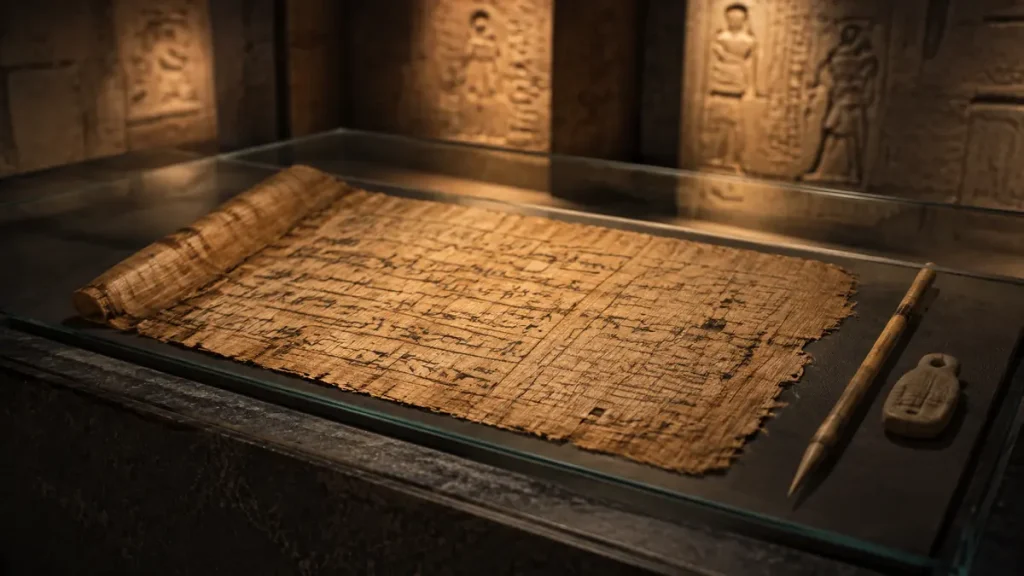 Ancient Egyptian Magic and Musa: Texts, History and the Quranic Account Ancient Egyptian magic papyrus with faded hieratic-style marks under museum glass