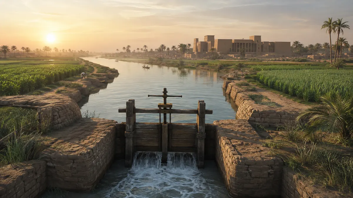Illustrative Nile irrigation canal with a wooden water gate, fields and an ancient Egyptian complex