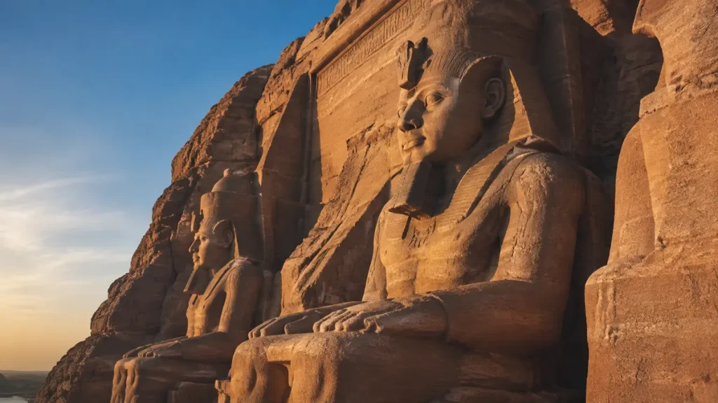 Weathered sandstone statues of Ramesses II at Abu Simbel in warm morning light