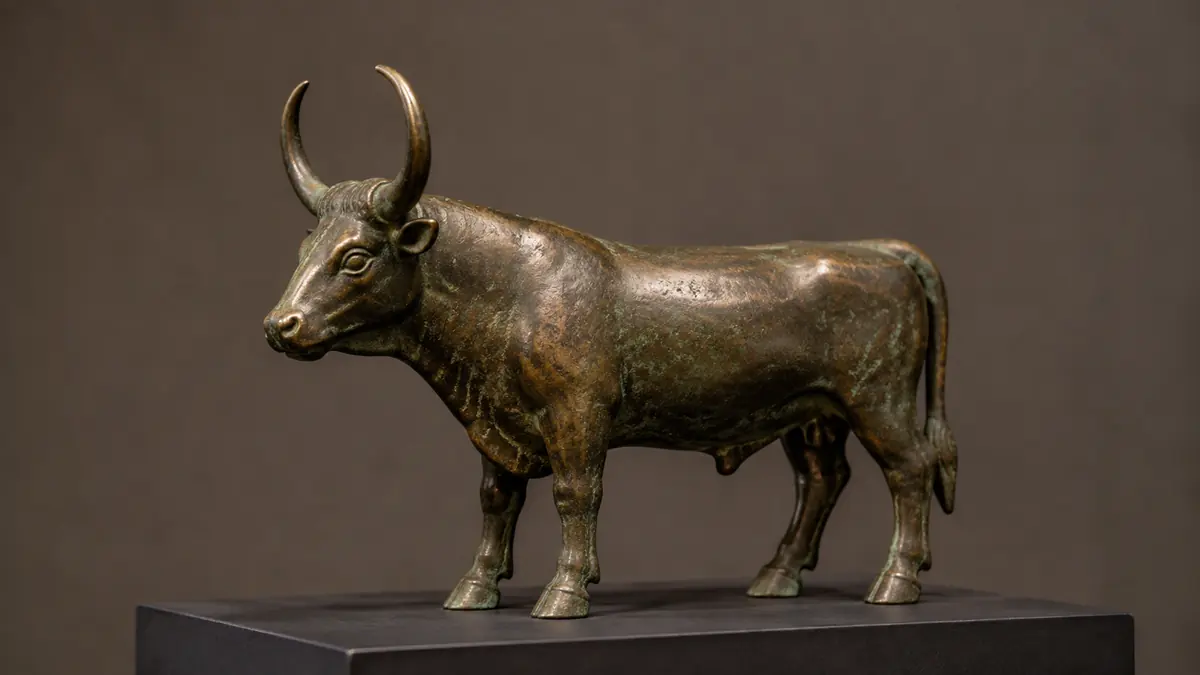 Bronze bull figurine with curved horns and a green patina on a museum-style pedestal