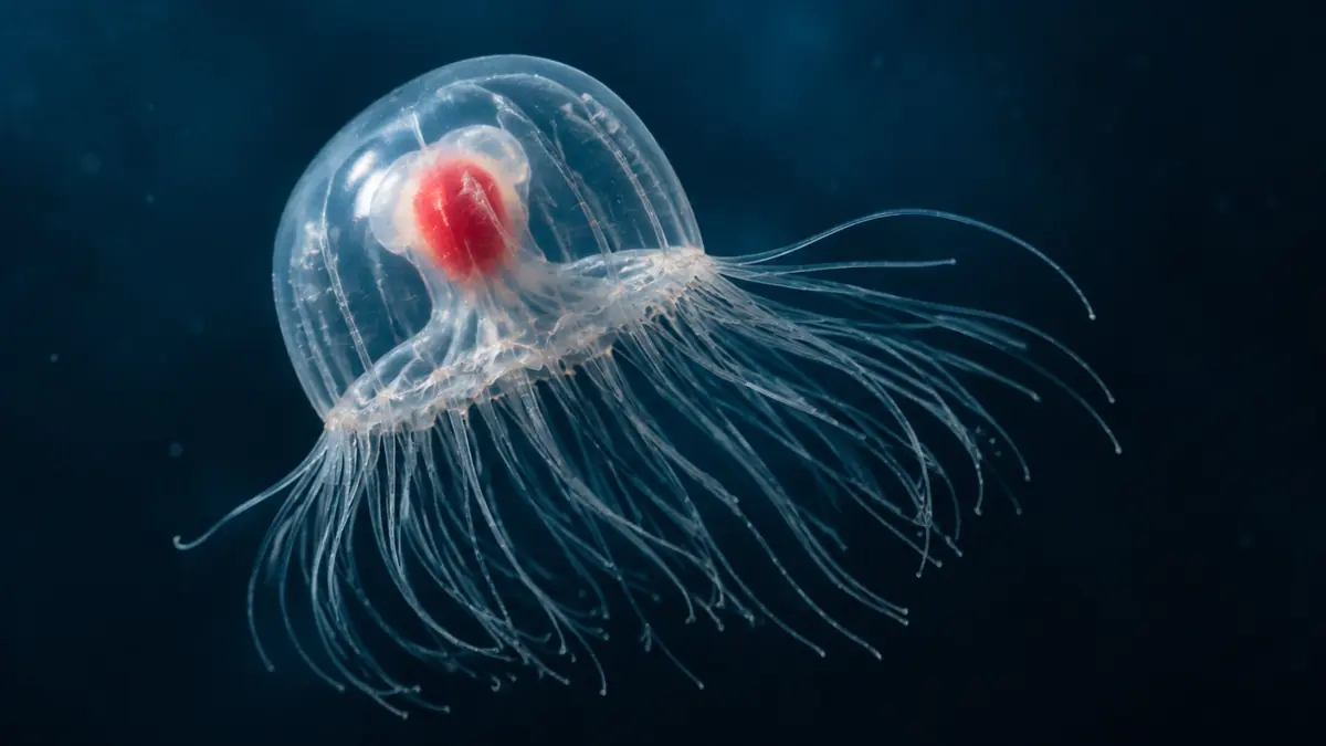Tiny translucent jellyfish with a red centre and fine tentacles against deep blue water