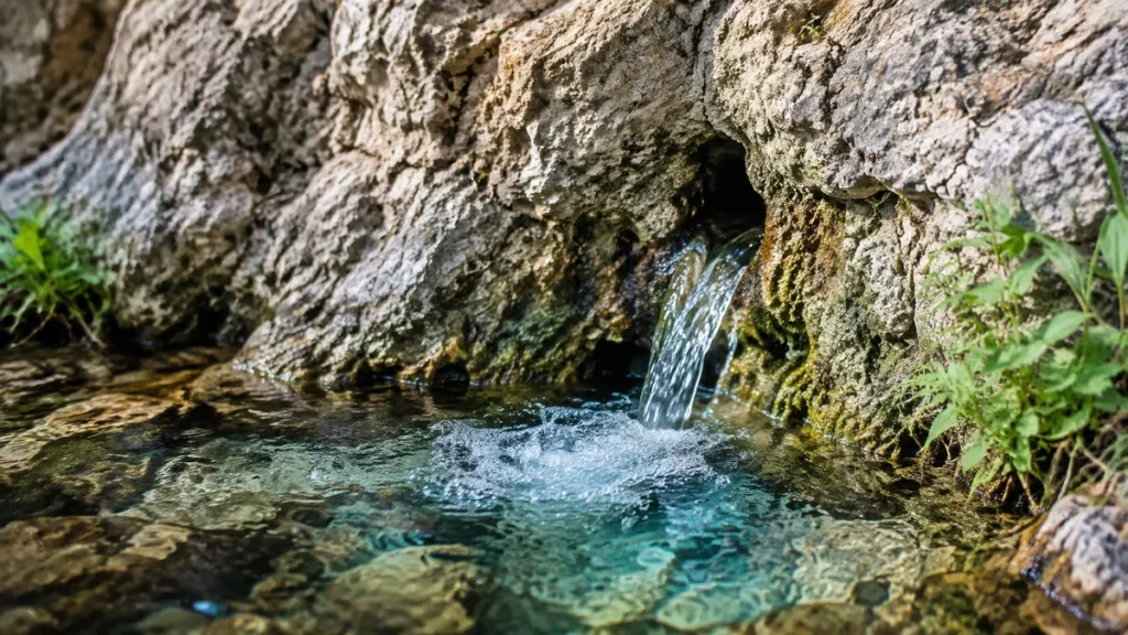 Clear spring water flowing from a limestone crevice into a shallow turquoise pool