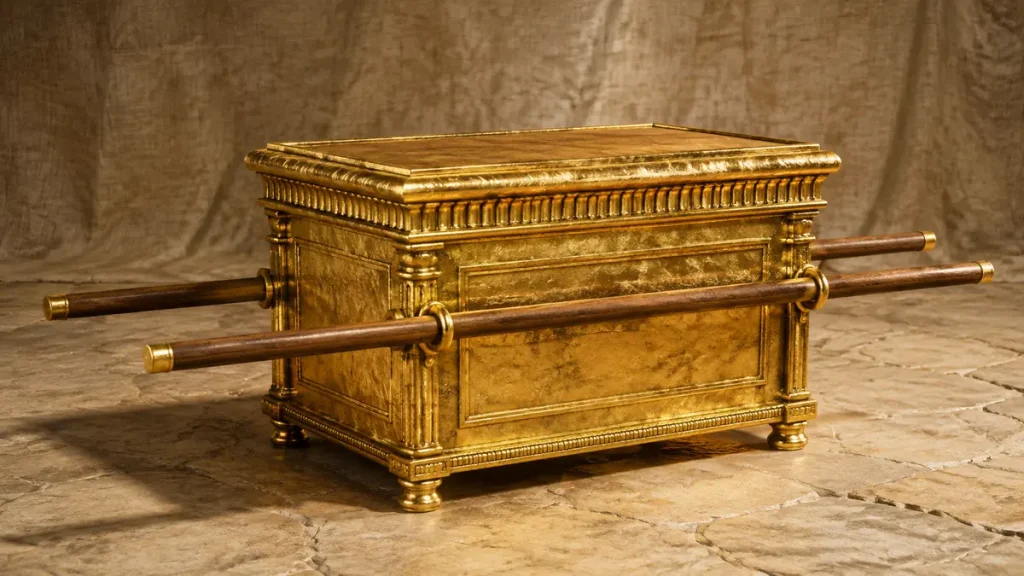 Gold-covered wooden chest with side rings and two carrying poles on a stone floor