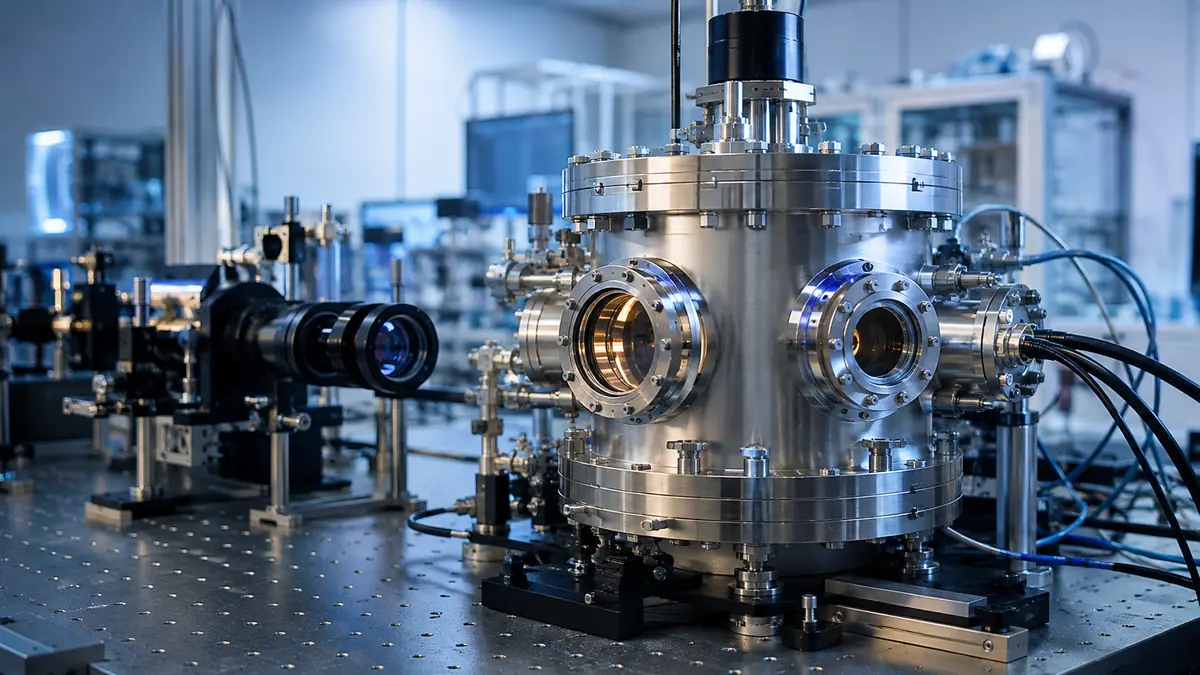 Stainless-steel optical-clock vacuum chamber with viewing ports and lenses on a laboratory table