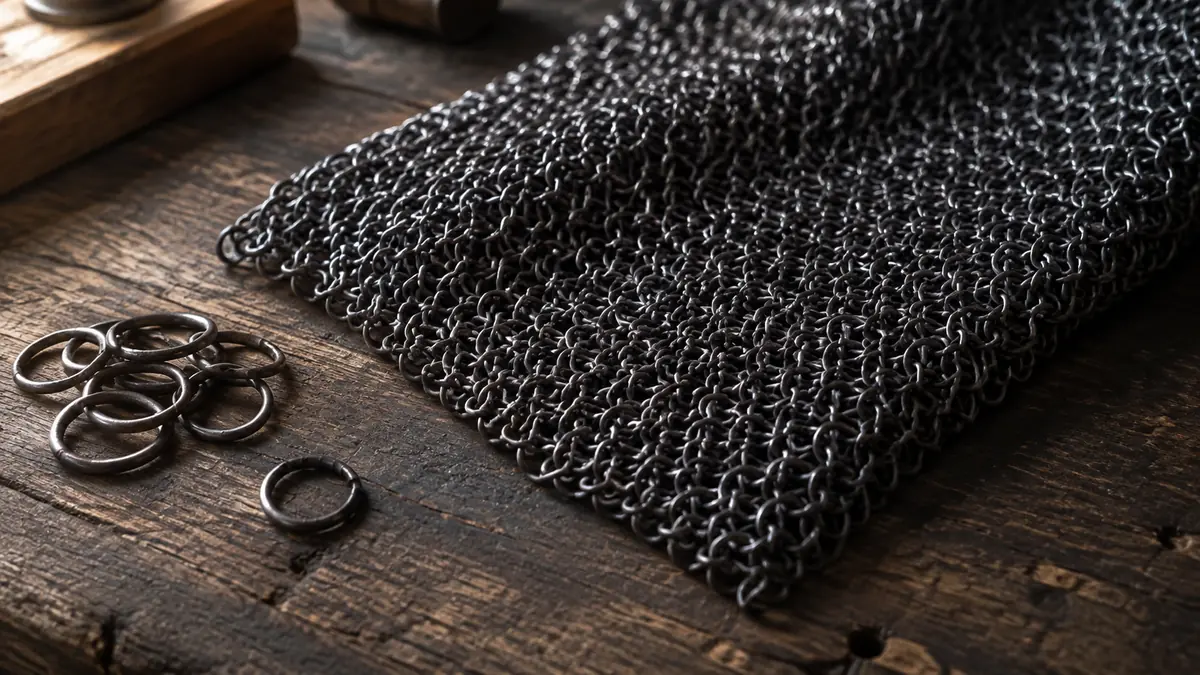 Interlinked iron chain mail and loose rings resting on a dark wooden workbench