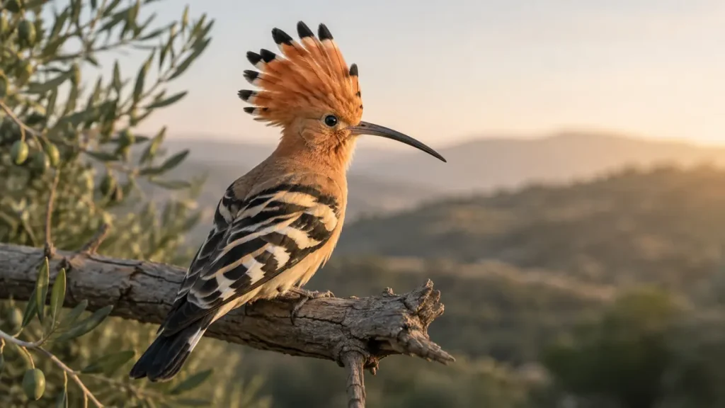 Hoopoe with a raised black-tipped crest and barred wings perched on an olive branch