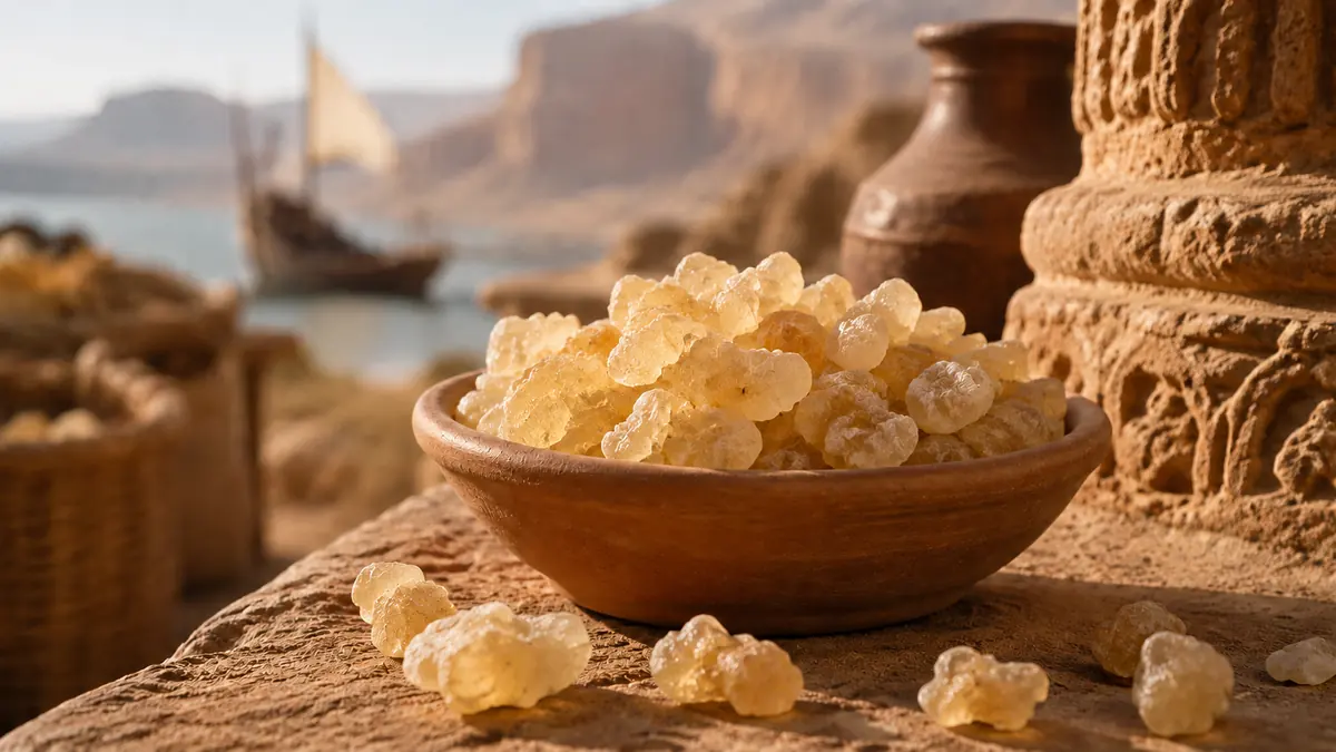 Golden frankincense resin pieces in a terracotta bowl on a sandstone ledge