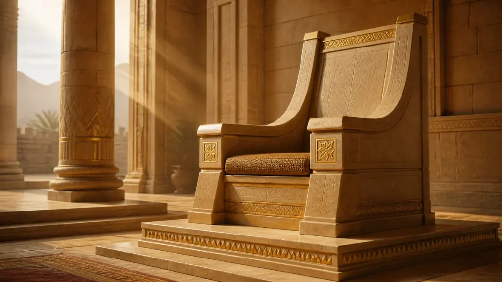 Empty carved sandstone throne with gold details in a sunlit ancient-style hall