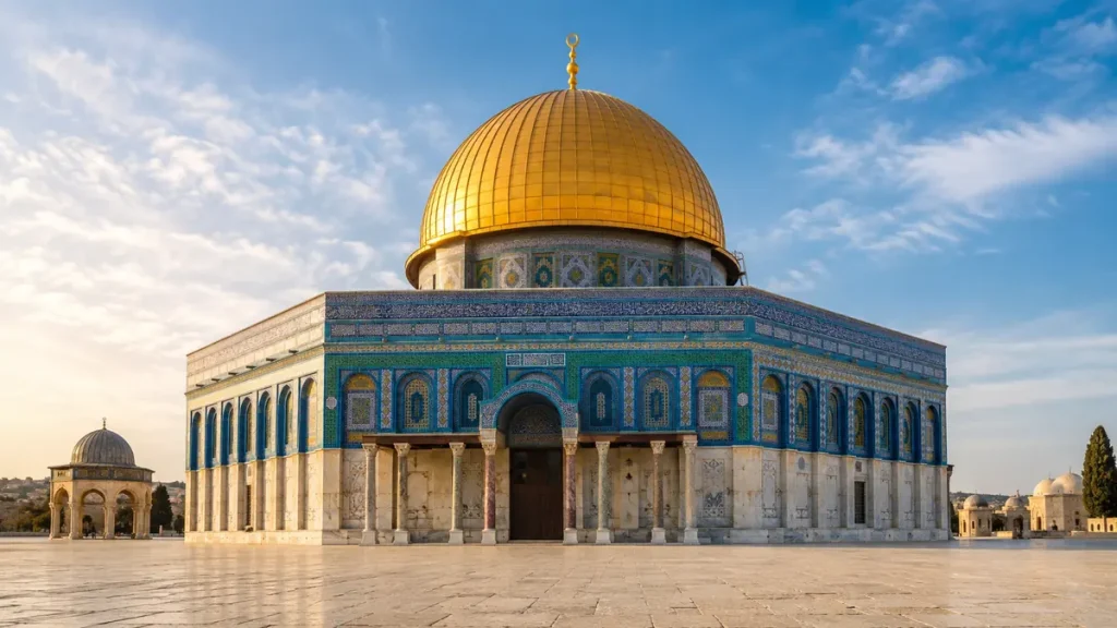 Golden dome and blue-tiled octagonal walls of the Dome of the Rock above a limestone plaza