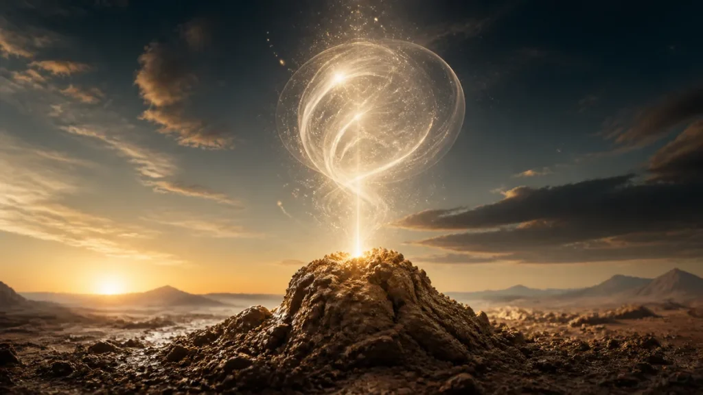 Earth and clay beneath an abstract sphere of light symbolising the mystery of life