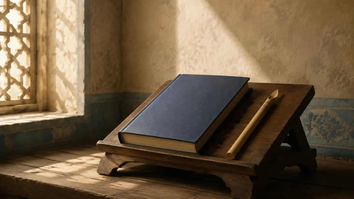 A reed pen beside a closed book on a sunlit wooden stand